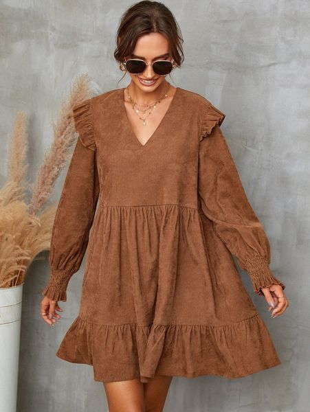 

corduroy v-neck ruffle hem babydoll dress i5em#, Black;gray