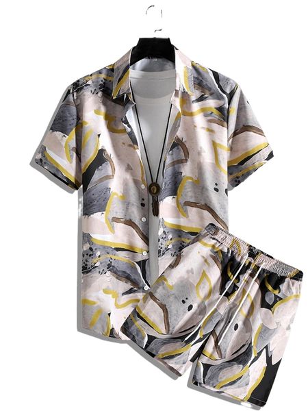

men random allover print shirt & shorts without tee w2w0#, Gray