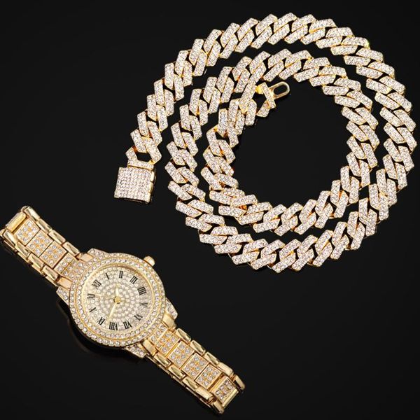 Catene Iced Out Collana donna Orologio Bracciale Miami Curb Catena a maglia cubana Lustro di lusso Strass pavimentati Gioielli hip-hop Catene regalo