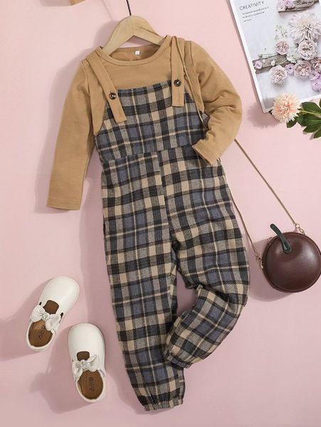 

toddler girls solid tee & plaid overall jumpsuit she, White