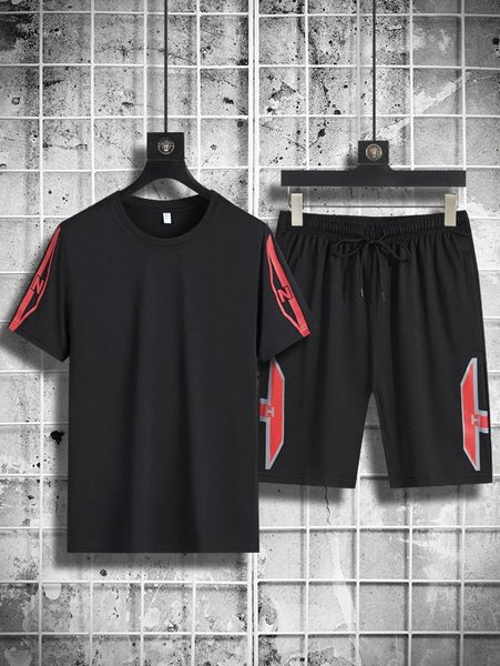 

men letter graphic tee & drawstring waist shorts k1pf#, Gray