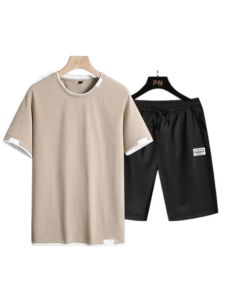 

men 2 in 1 tee & patch detail shorts b5c7#, Gray