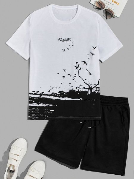 

men bird & letter graphic tee & drawstring waist shorts n7si#, Gray