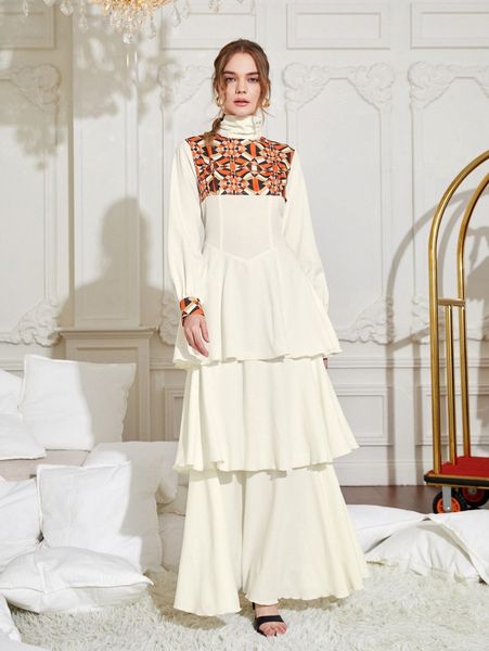 

x amna khan contrast geo layered hem maxi dress q3mh#, Black;gray