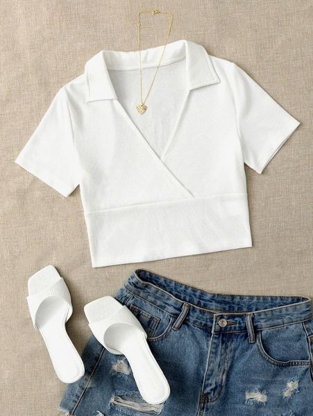 

overlap collar ribbed knit tee g4ja#, White