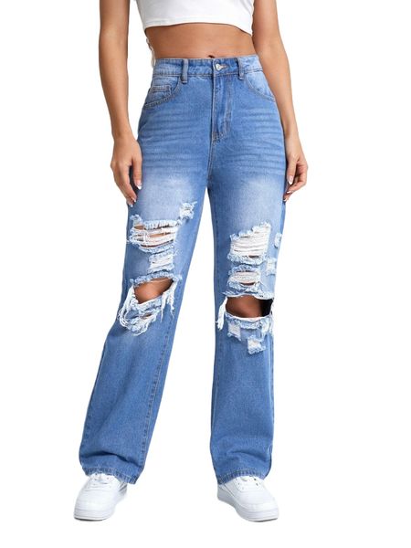 

ripped cut out straight leg jeans q3lp#, Blue