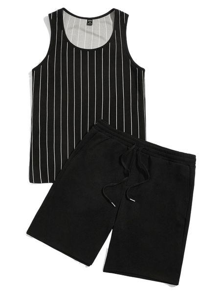 

men vertical striped tank & drawstring waist shorts 825c#, Gray