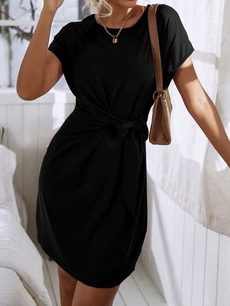 

knot side solid batwing sleeve dress c6dz#, Black;gray