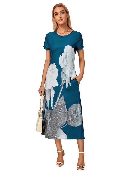

emery rose large floral tunic dress m77g#, Black;gray