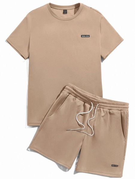 

men patch detail tee & drawstring waist shorts 06vg#, Gray