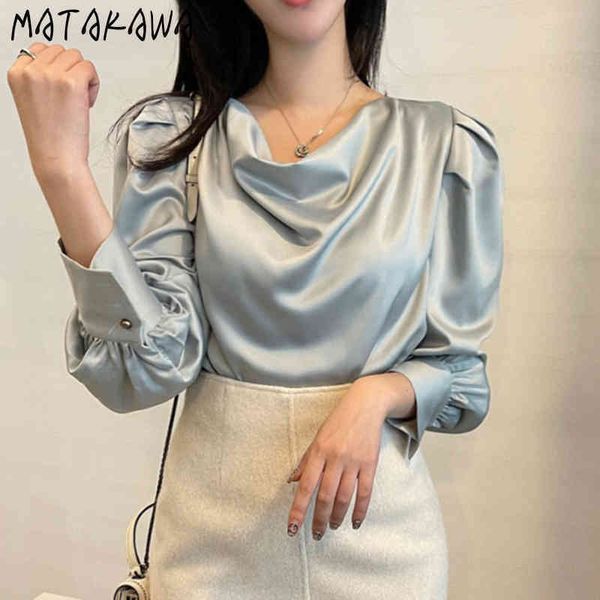 

korea chic spring fashion blusas temperament blouse women loose wild gloss puff sleeve satin shirt 210506, White