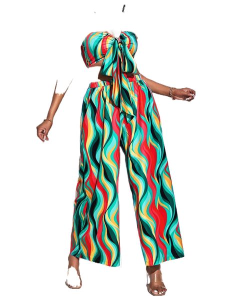 

sxy allover print tie front shirred back tube & wide leg pants i83z#, White