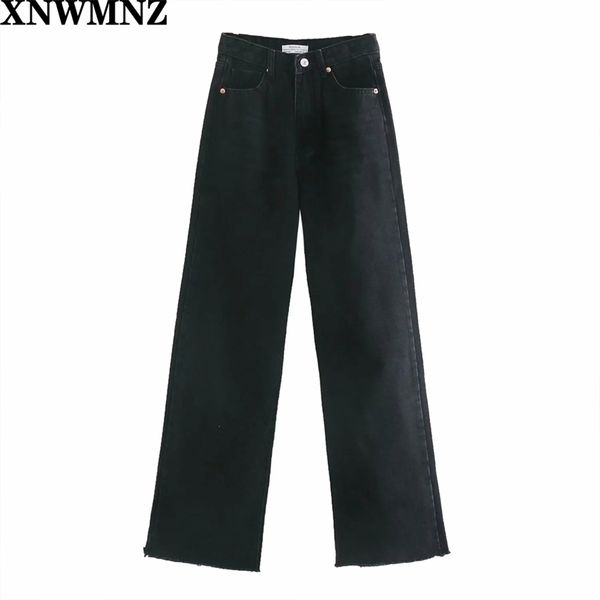 Xnwmnz fashion fashion hi-rise largamente perna de comprimento cheia jeans vintage desbotado desbotado hems de cintura alta cintura zíper botão denim feminino 220402