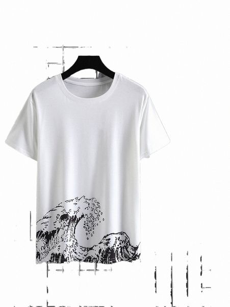 

men wave print tee & drawstring waist shorts a29o#, Gray