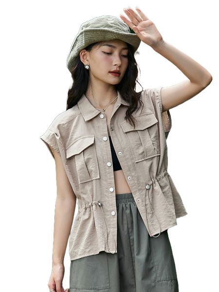 

dazy flap pocket drawstring waist jacket v8u1#, Black;brown