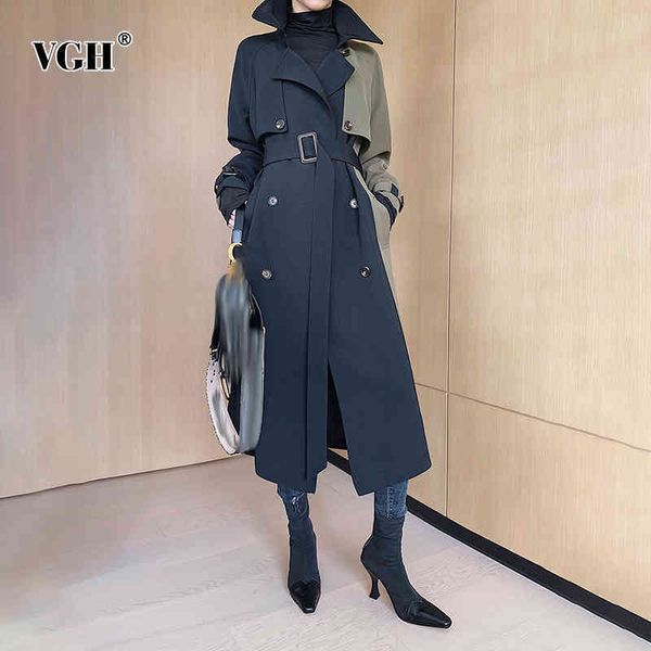 

korean hit color windbreaker for women lapel long sleeve patchwork sashes casual windbreakers female fashion clothing 210507, Tan;black