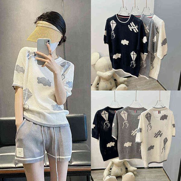 

22 summer tee short sleeve tb college style hollow out mesh white cloud kite jacquard loose thin knit women's r classic luxury breathab