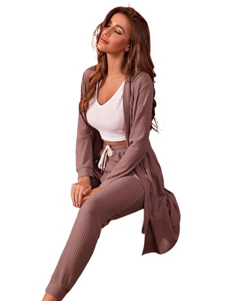 

3pcs tank & pants & robe pj set d6nx#, Black;red