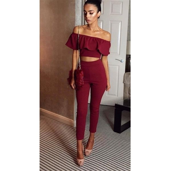 

fashion two piece women sets slash neck crop ruffle and long pants set autumn short sleeve two pieces feminino lj201120, White