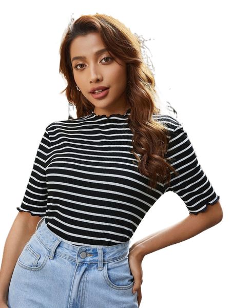 

striped print lettuce trim tee i4ef#, White