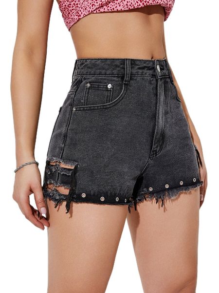 

grommet raw trim ripped denim shorts h7uz#, White;black