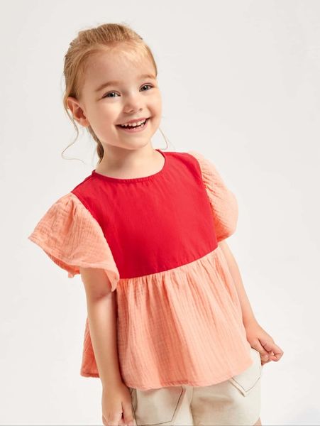 

toddler girls two tone flutter sleeve smock she, White;black