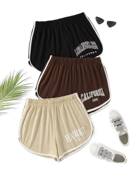 

3pcs letter graphic contrast binding shorts s39d#, White;black