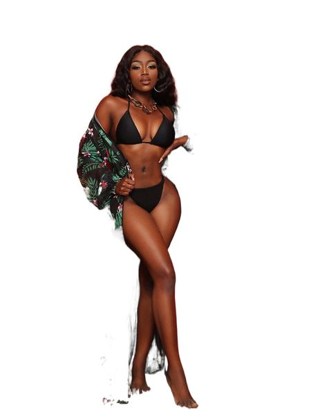 

tropical print tiered ruffle hem kimono i0is#, White;black