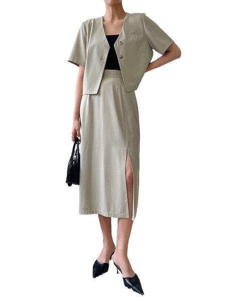 

dazy single breasted blazer & split hem skirt v2y4#, White