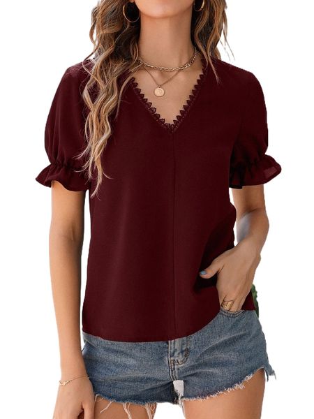 

guipure lace trim flounce sleeve blouse s3u8#, White