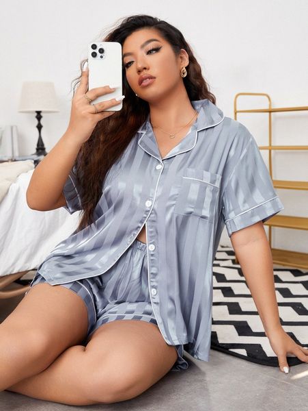 

plus striped jacquard contrast piping satin pj set o9ok#, Black;white