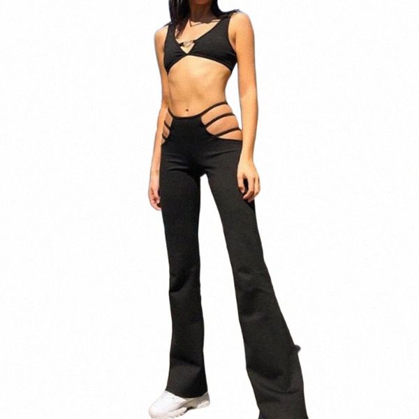 

women's pants & capris women black cut out slim fitness sweat hollow flare trousers streetwear bell-bottomed i838#, Black;white