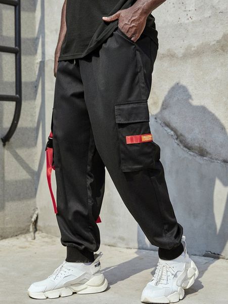 

extended sizes men letter patched flap pocket pants l1nu#, Black