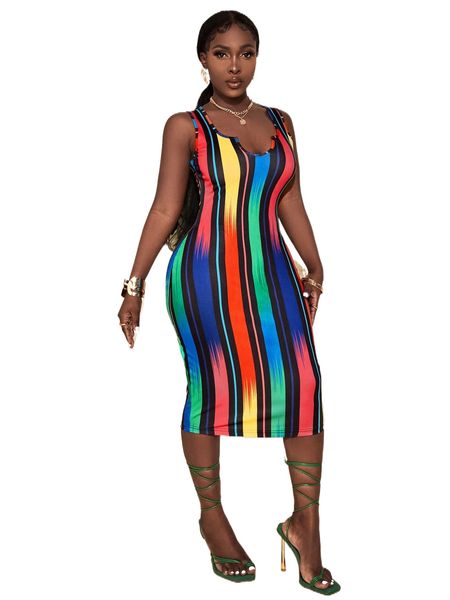 

sxy colorful striped bodycon dress 49k7#, Black;gray