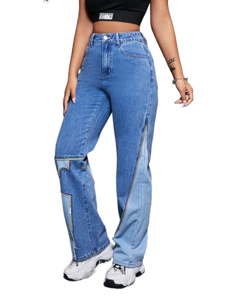 

high waist colorblock jeans f3tm#, Blue