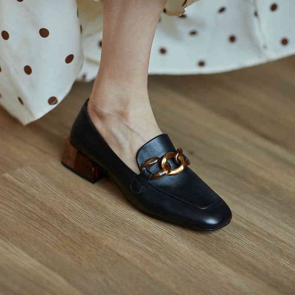 

sandals autumn thick heel square head metal decorative single shoes women's leather large casual medium and small l1a2, Black