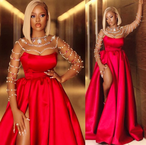 

2022 plus size arabic aso ebi red luxurious prom dresses crystals sheer neck evening formal party second reception birthday engagement gowns, Black