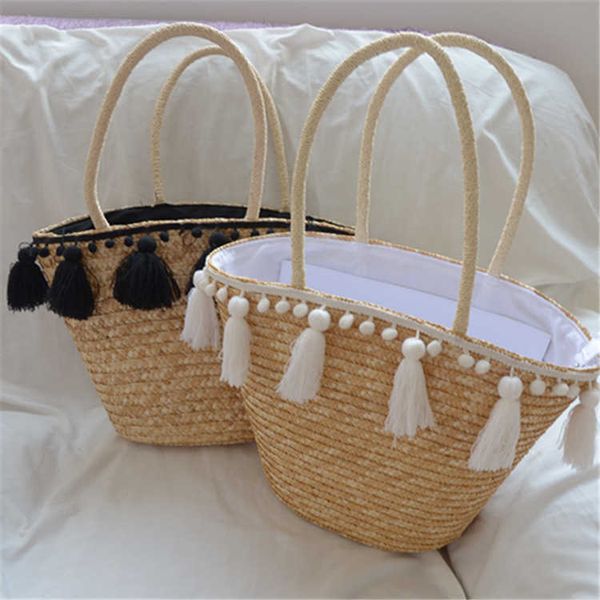 

evening bags 2022 fashion new tassel handbag straw women beach woven tote fringed shoulder travel y0506
