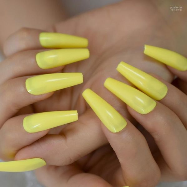 Unghie finte extra lunghe lucide affusolate finte nail art gialle designer stampa su alta qualità salone fai da te artificiale lucido Prud22