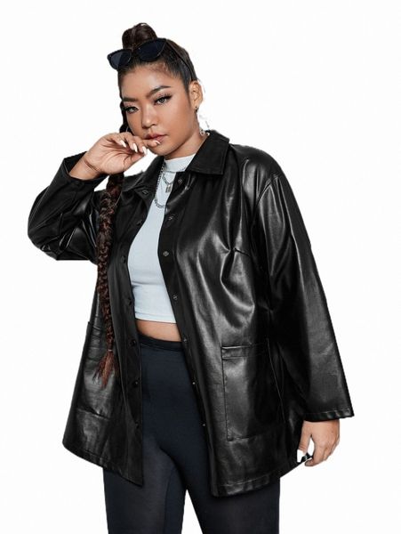 

plus drop shoulder pu leather coat u8la#, Black