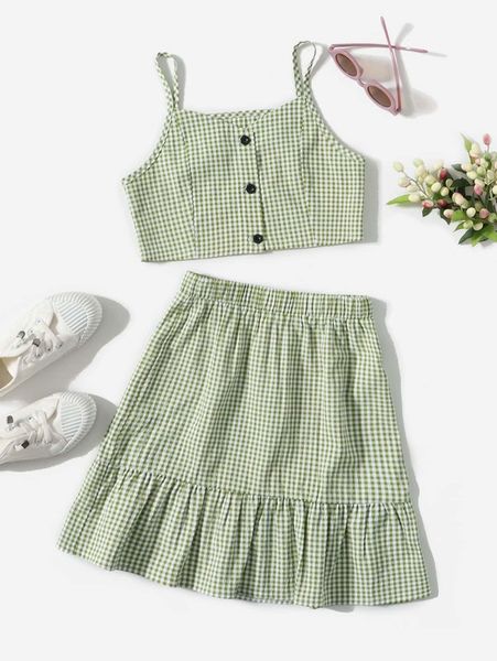 

girls gingham cami & ruffle hem skirt she, White