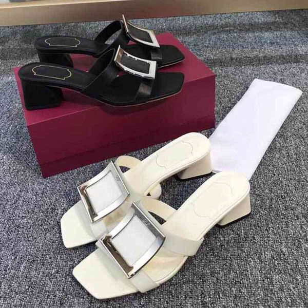 

dress shoes rv square buckle slippers style temperament versatile thick heel head leather white flip flop sandals women gkqy, Black