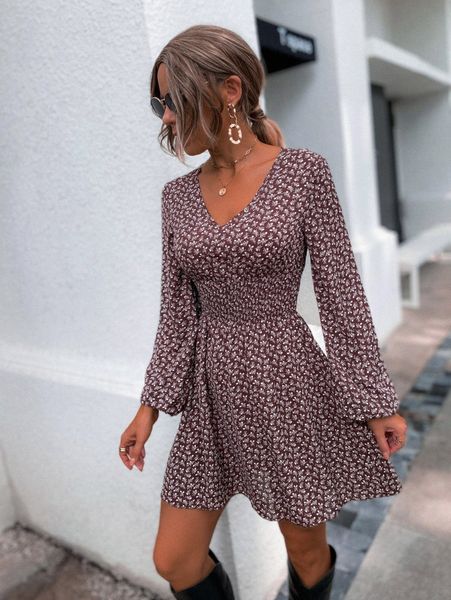 

ditsy floral lantern sleeve shirred waist dress n1t6#, Black;gray