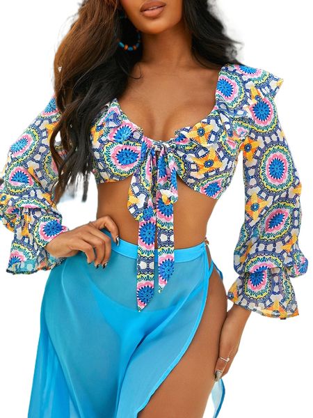 

mandala print ruffle trim flounce sleeve knot front crop chiffon s9mo#, White