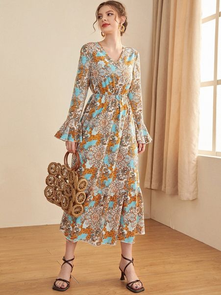

paisley & floral print flounce sleeve ruffle hem dress u4xi#, Black;gray