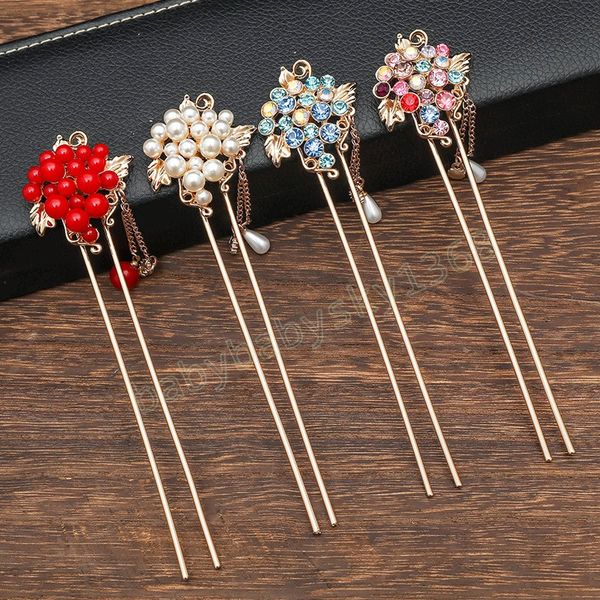 

chinese style hair stick chopsticks metal hairpin retro hair clip pearl flower headpiece for jewelry accessories, Slivery;white