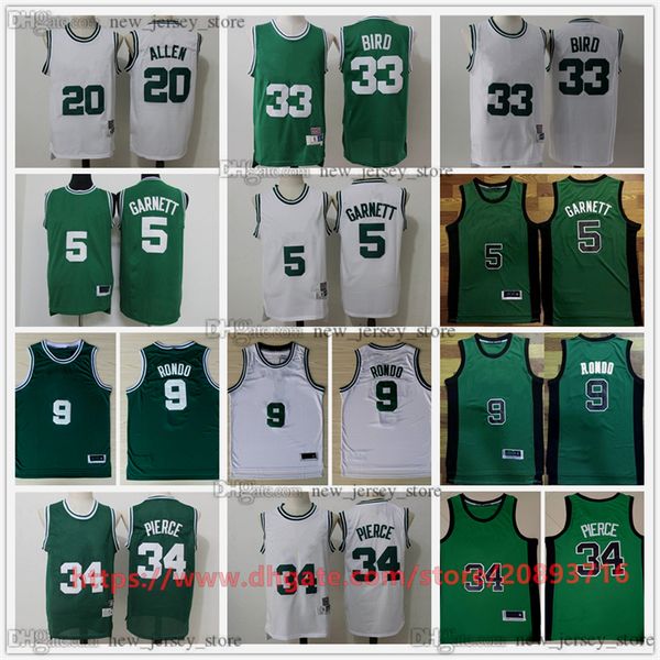 Vintage Basketball 33 Larry Bird Forma Dikişli 34 Paul Pierce 20 Ray Allen 5 Kevin Garnett 9 Rajon Rondo Jersey Beyaz Yeşil Siyah Retro Nefes Alabilir Spor Adam Gömlek