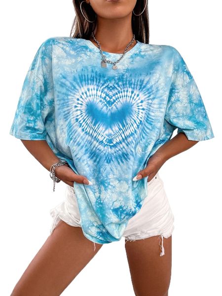 

drop shoulder heart print tie dye tee m7bq#, White