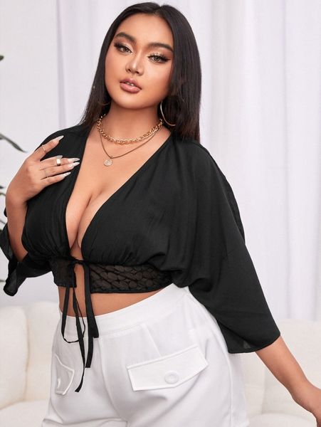 

sxy plus contrast lace batwing sleeve knot front crop blouse v8y0#, Black