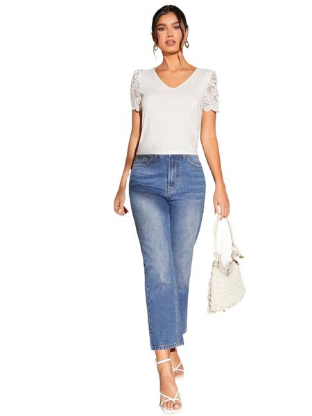 

contrast lace sleeve tee b7px#, White